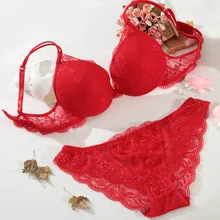 Conjunto de sujetador y bragas de encaje rojo para mujer, lencería Sexy con Push-Up y relleno con aros, ropa interior íntima, Dentelle, 6 colores