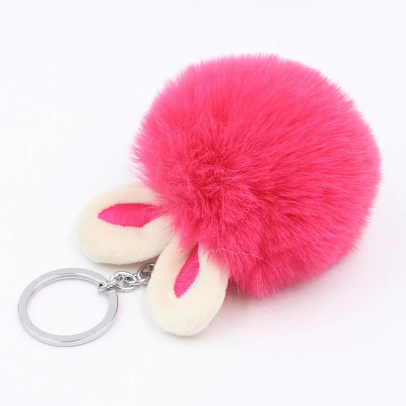 

2018 Cute Pom Pom Bunny Ear Keychains Fake Rabbit Fur Ball Key Chain Pompom Fluffy Bag Charms Keychain Keyring
