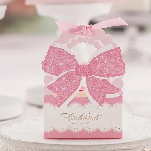 Pink Wedding Favor Boxes With Ribbon Hollow Candy Gift Bag Baby