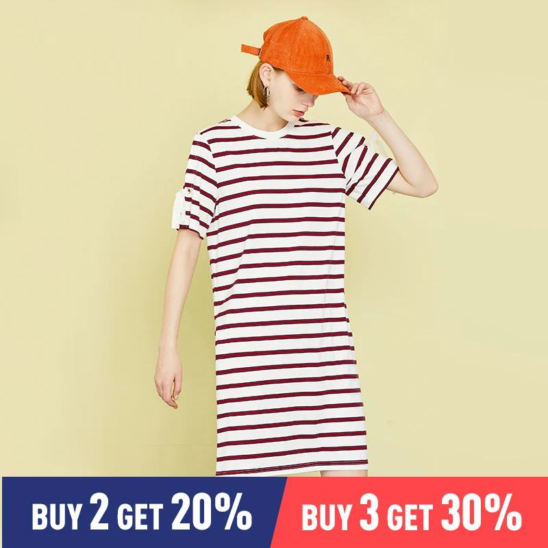 

Toyouth 2019 New Women Striped Pattern Short Sleeve Cotton O neck Casual Straight Mini Dresses