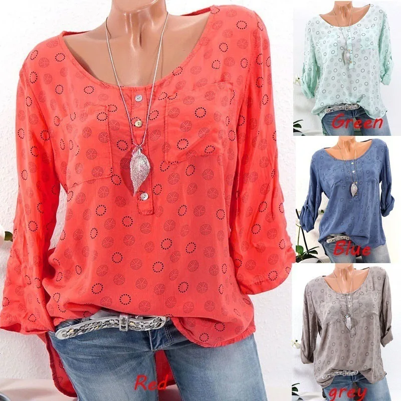 Женская блузка большого размера, весна и осень, Повседневный пуловер с v-образным вырезом и пуговицами, рубашка с длинным рукавом, Свободная Женская рубашка, S-5XL