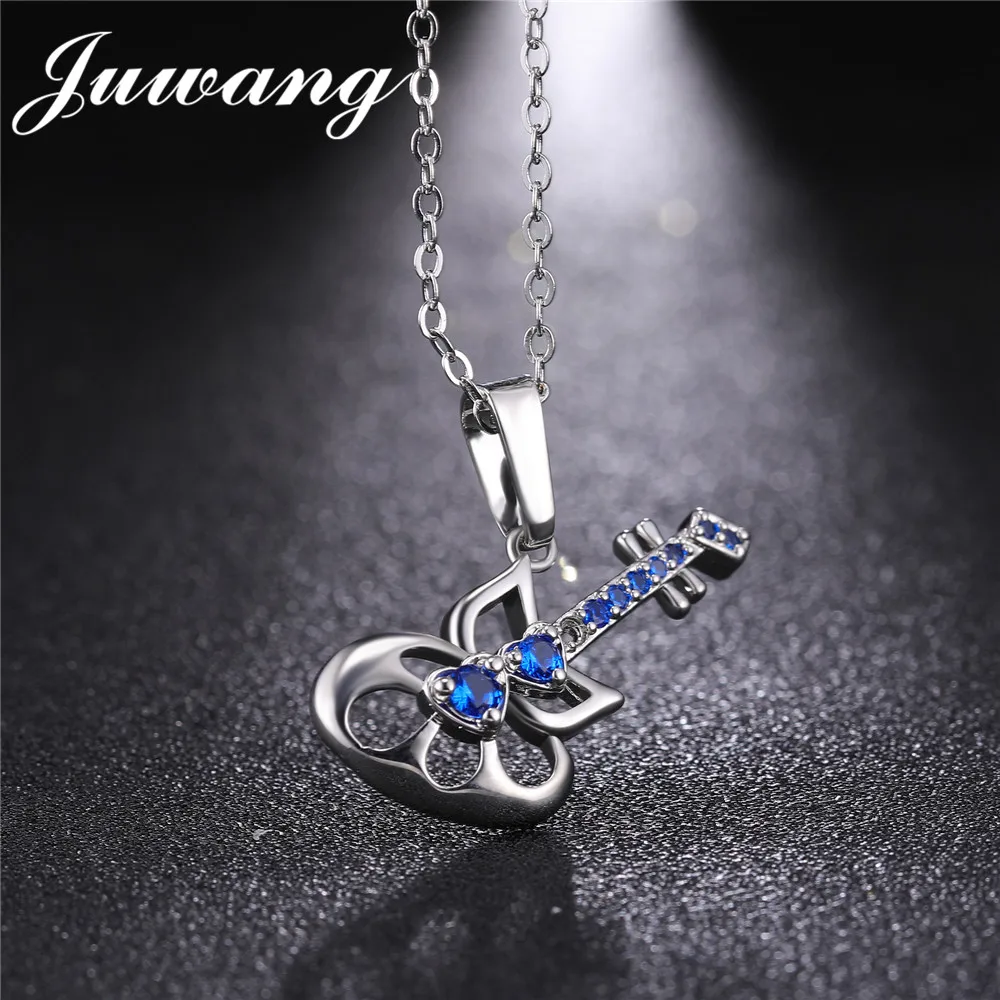 

JUWANG Gold Color Blue Guitar Shape Pendant Necklace for Woman Elegant Rock Full Shiny Crystal CZ Statement Necklaces Jewelry