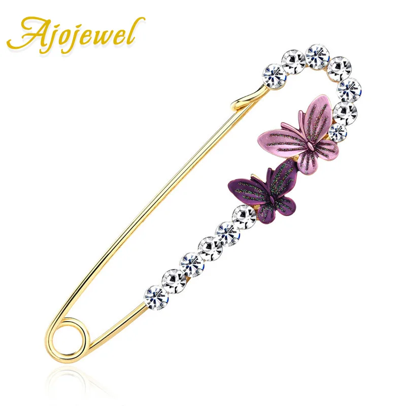 

Ajojewel Large Safety Pins Chic Double Butterfly Pin Brooch Rhinestone Jewelry For Women Suit Broche Femme Bijoux