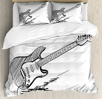 

Duvet Cover Set Hand Drawn Style Electric Guitar on White Backdrop Rock Music Accords Sketch Art Decorative 4 Piece Bedding Set