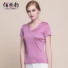Шелк модный v-образный воротник и короткий рукав Футболка женская трикотажная шелковая