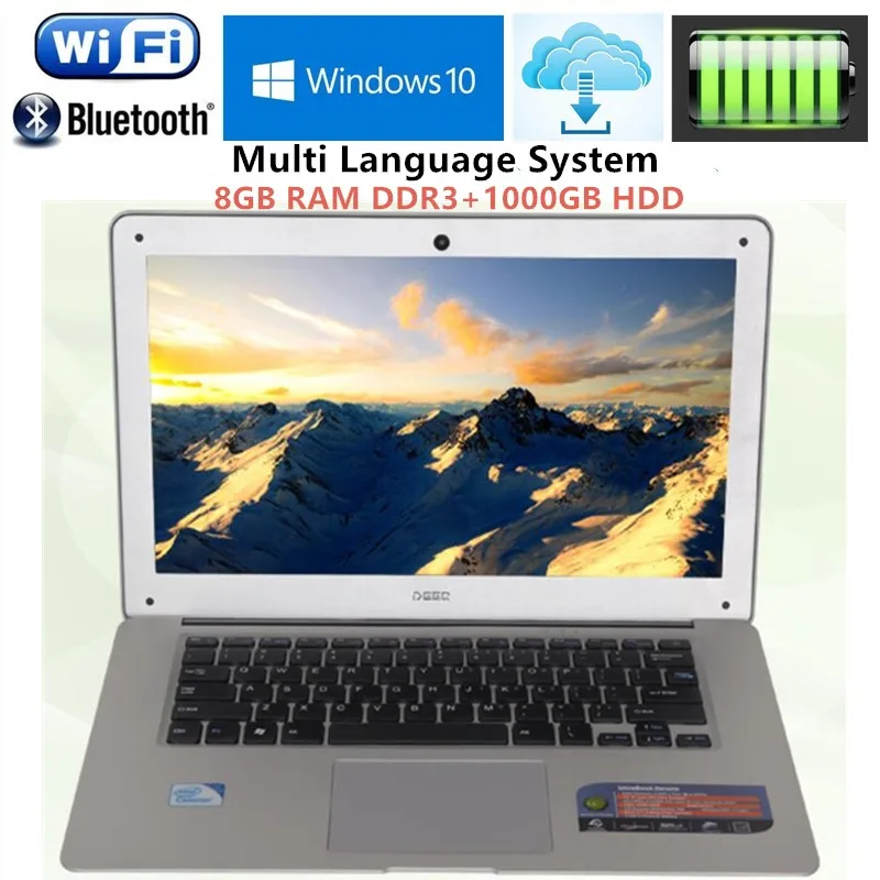 14.1inch 1920X1080P FHD 8GB RAM DDR3+1000GB HDD Windows7/8 Ultrathin Intel N3520 Quad Core Fast Running Laptops Netbook Computer