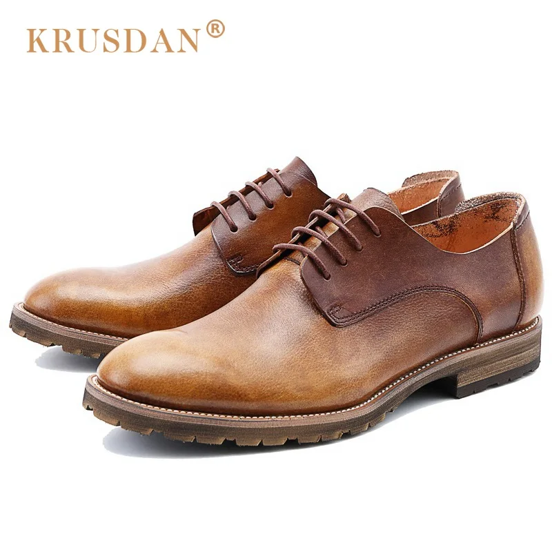 KRUSDAN Vintage British Style Man Derby Dress Shoes Genuine Leather Handmade Oxfords Round Toe Lace up Formal Men's Flats