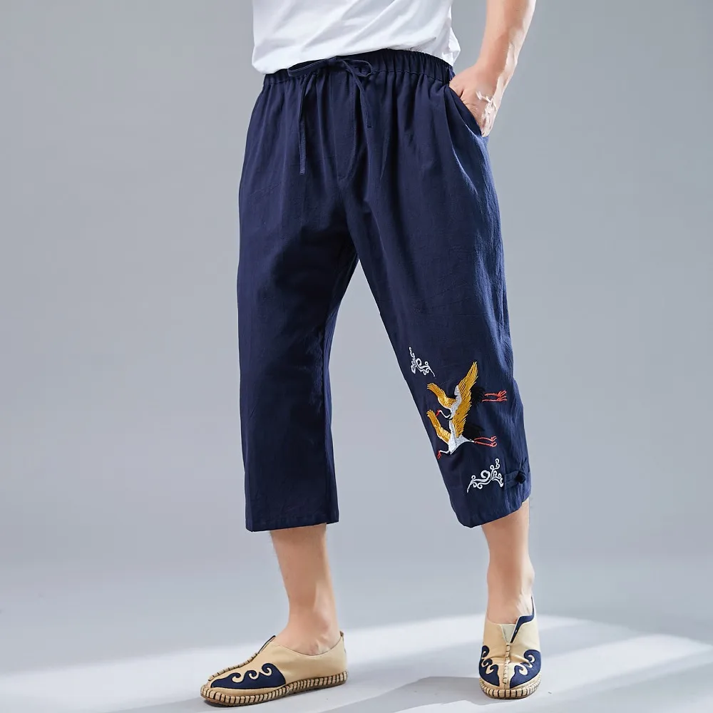 LZJN Men’s Summer 34 Pants Casual Cotton Linen Elastic Waistband Wide Leg Capri Short Bermuda Embroidery Beach Playa Hombre (9)