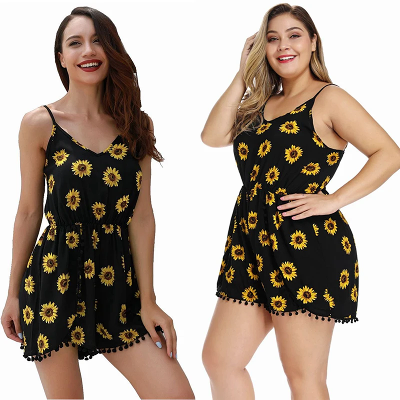 

JYSS plus size 4XL hawaiian style beach playsuits women sunflower pattern combinaison femme sling playsuit bodysuits girl 8130