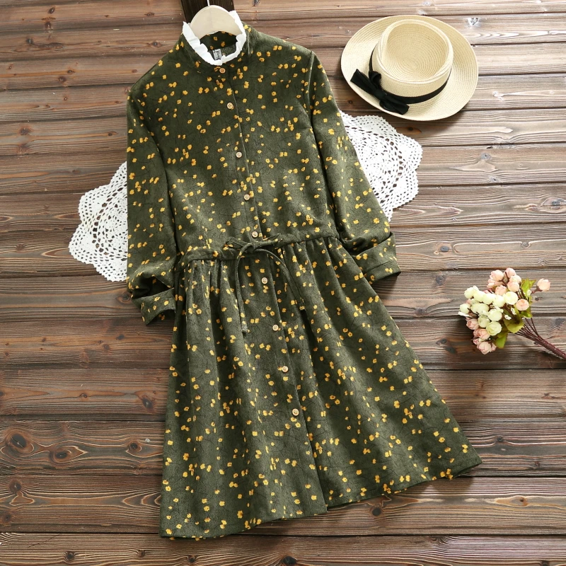 

2019 Japanese Mori Girl Autumn Winter Women Dress Vintage Floral Print Casual Loose Vestido Green Elegant Corduroy Korean Dress