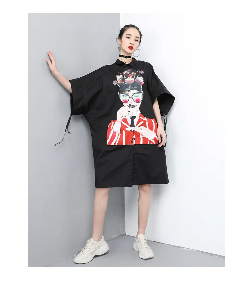 

Streetwear New Long Dresses Women Blouses Shirts Funny Printed Oversize Batwing Sleeve Irregular Bandage Shirt Dresses