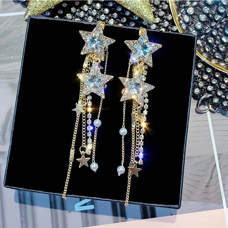 

2019 Fashion Star Long Tassel Earrings Chain Statement Earrings Pendientes Korean Bling Crystal Women Drop Earring Jewelry XH