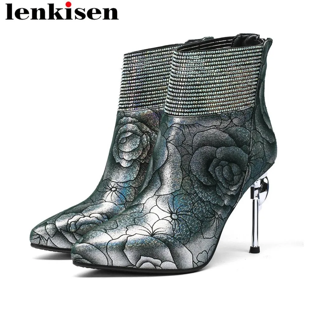 

2018 charming girls natural leather super high thin heels zipper pointed toe flowers pattern runway model plus size boots L25