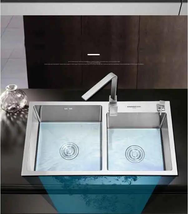 304 Stainless Steel 4MM Thickened Manual Sinks Double bowl Sinks Kitchen sink faucet tap vegetable washing basin Set