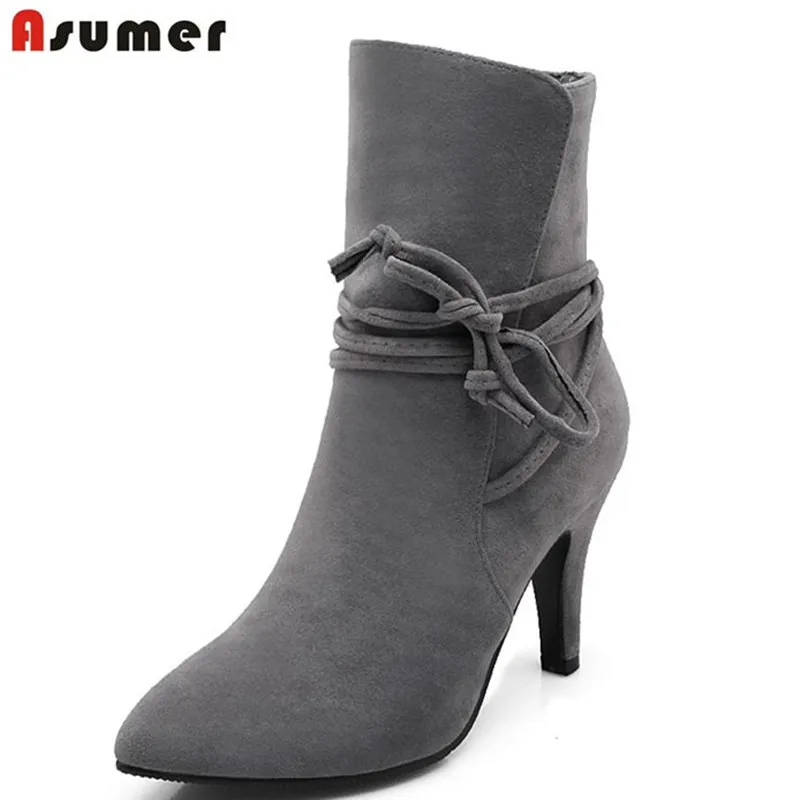 

Large size 33-43 2017 hot fashion women shoe point toe high heels solid colors autumn winter boots slip on elegant half boots