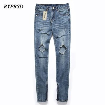 

Fashion Vintage High Street Knee Hole Zipper Biker Jeans Men Distressed Skinny Slim Stretch Light Blue Beggar Jeans Pencil Pants