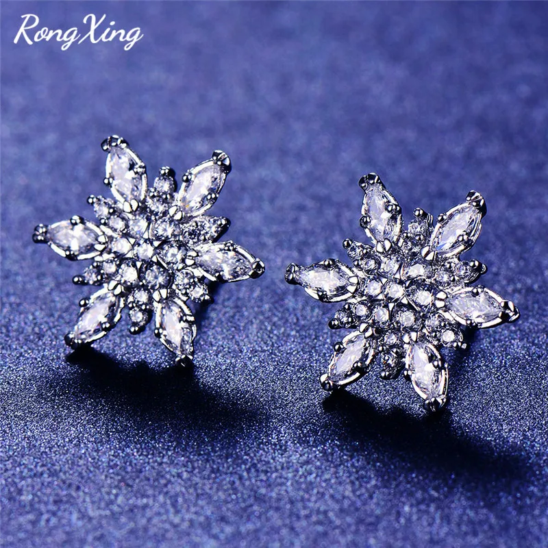 RongXing Белый Кристалл Циркон снежинка серьги гвоздики для женщин Серебряный цвет