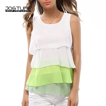 

Womens Blouse Summer 2018 Fashion Ruffles Stitching Female Sexy Sleeveless Tops O-neck Ladies Casual Chiffon Shirts Vest Tanks