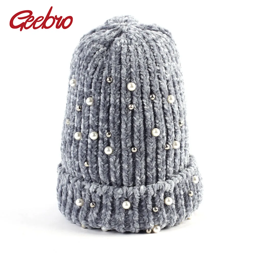 

Geebro Women's Pearls Beanie Winter Plain Crochet Slouchy Beanies for Women Velour Thick Soft Skullies Hat Balavaca Bonnet DQ844