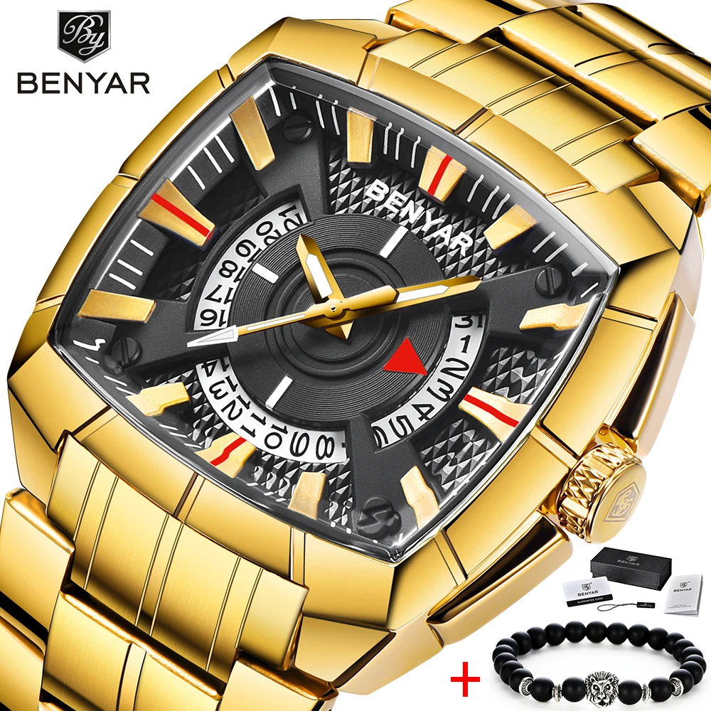 

2019 BENYAR Brand Original Unique Design Men Wristwatch Wide Big Dial Casual Quartz Watch Gold Male Sport Watches Large Clock