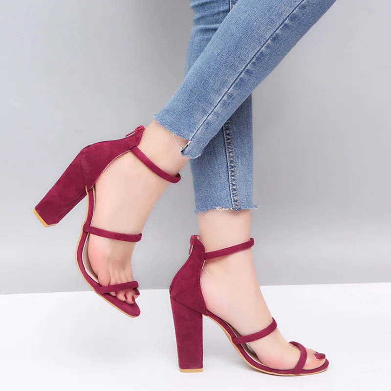 

Large size for EU35-43 Burgundy ladies sandals shoes popular suede round toe chunky heel zip sexy fancy sandals summer shoes