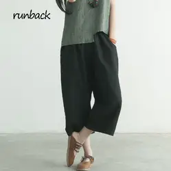 Runback Лето 2019 г. тонкий хлопок белье смесь брюки широкие однотонные Винтаж китайский стиль эластичный пояс свободные глубокий Rise бриджи