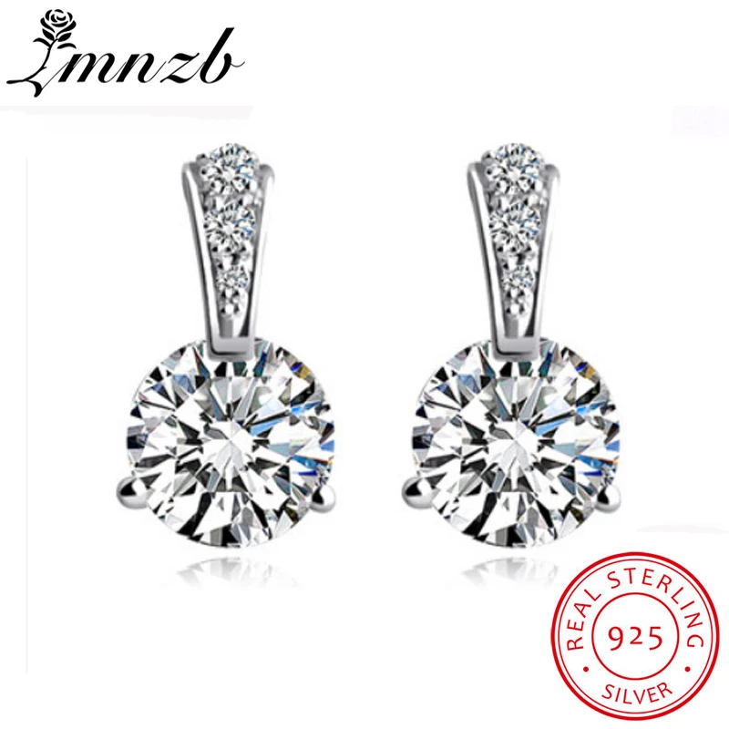 

LMNZB Anti-allergy Original 925 Sterling Silver Wedding Earrings Top Clear CZ Zircon Engagement Stud Earring for Women LEN006