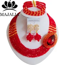 Модный в Африканском нигерийском стиле на свадьбу бусы ювелирный набор ожерелье с красными Кристаллами Браслет Серьги KL-205