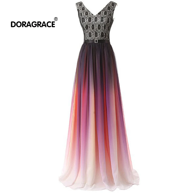 

Doragrace robe de soiree V-Neck Sleeveless Lace-Up Lace Chiffon Gradient Evening Dresses Long Prom Gowns