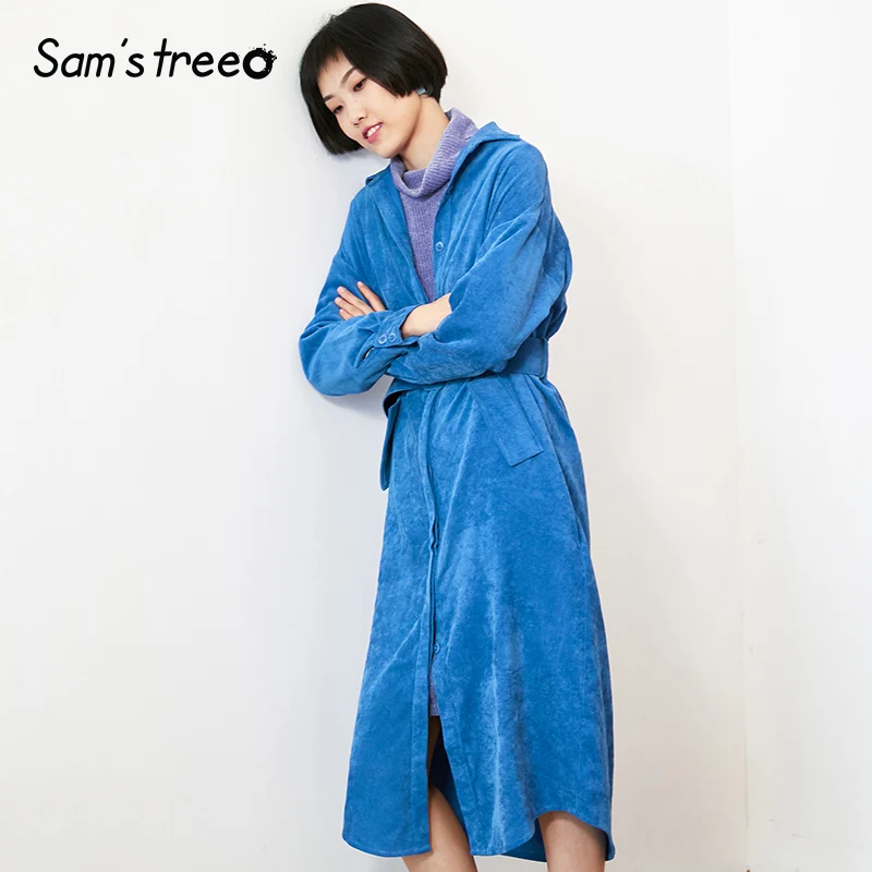 

Samstree Autumn Winter Women Dress Corduroy Waist Belt Female Long Blouse Drop-shoulder Turn-down Collar Mid-Calf Lady Dress