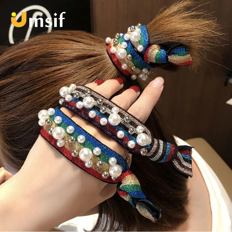 

New Women Korean Elastic Hair Rope Leopard Pearl Elastics for Ladies Stretchy Rainbow Hair Band Hair Holder Hair Accessories