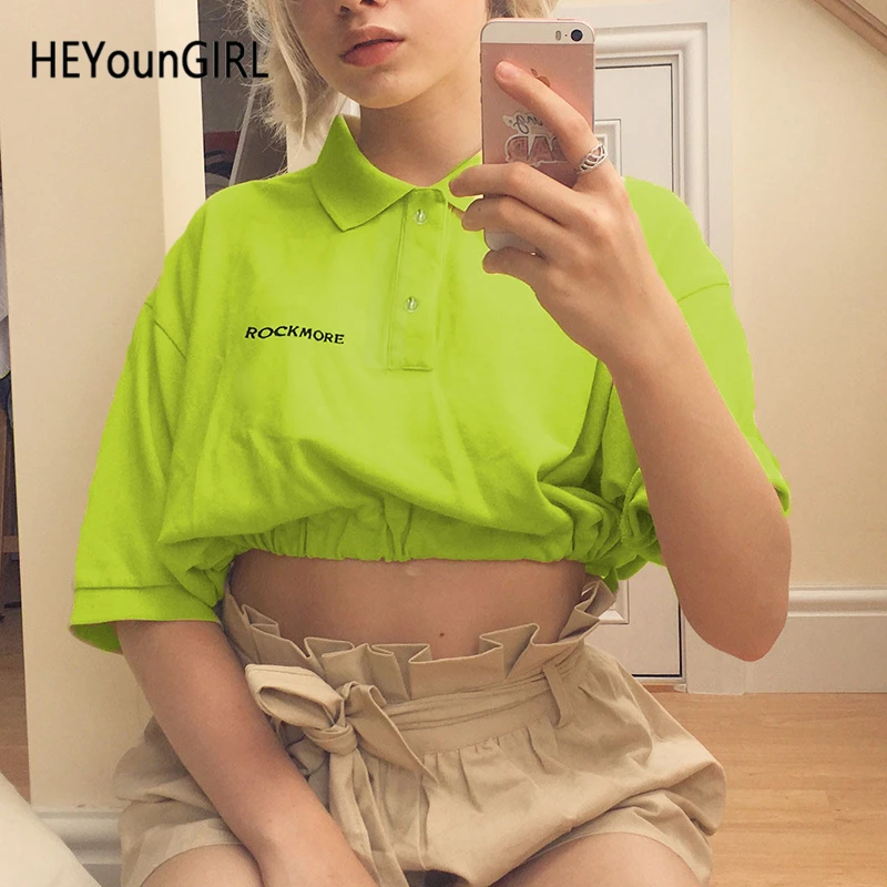 

HEYounGIRL Korean Style Neon Green Ladies T Shirt Half Sleeve Casual T-shirt Woman Turn-down Collar Harajuku Tee Shirt Women