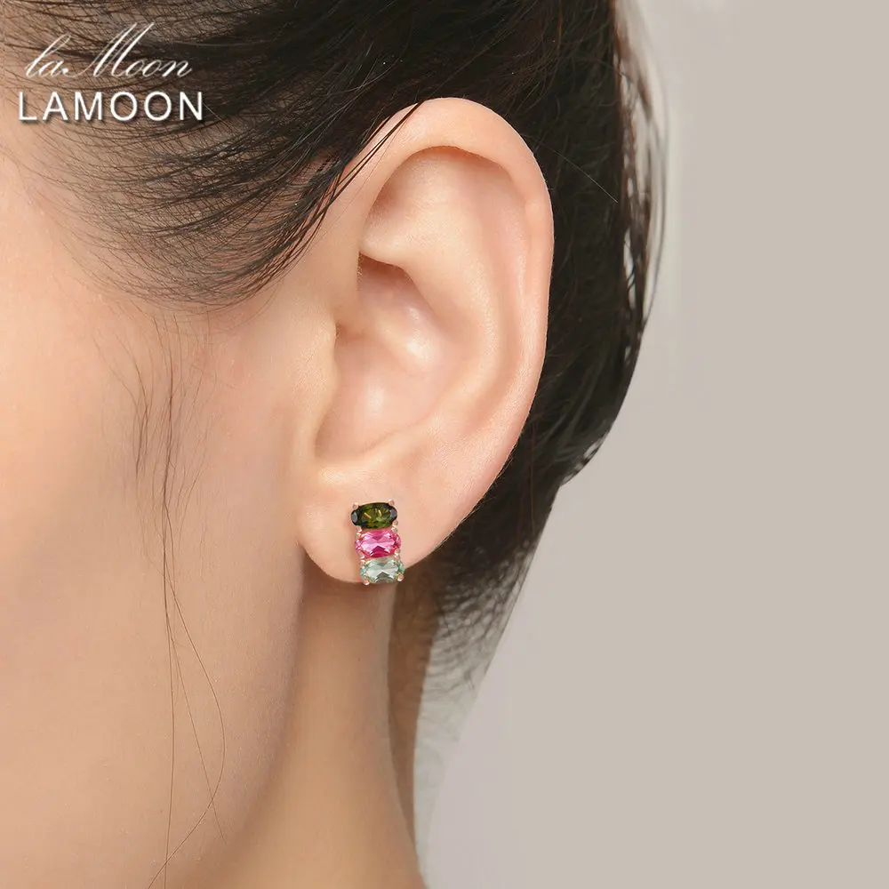 LAMOON Classic 100% Natural Multi-Color Oval Tourmaline 925 Sterling Silver Jewelry S925 stud Earrings LMEI035