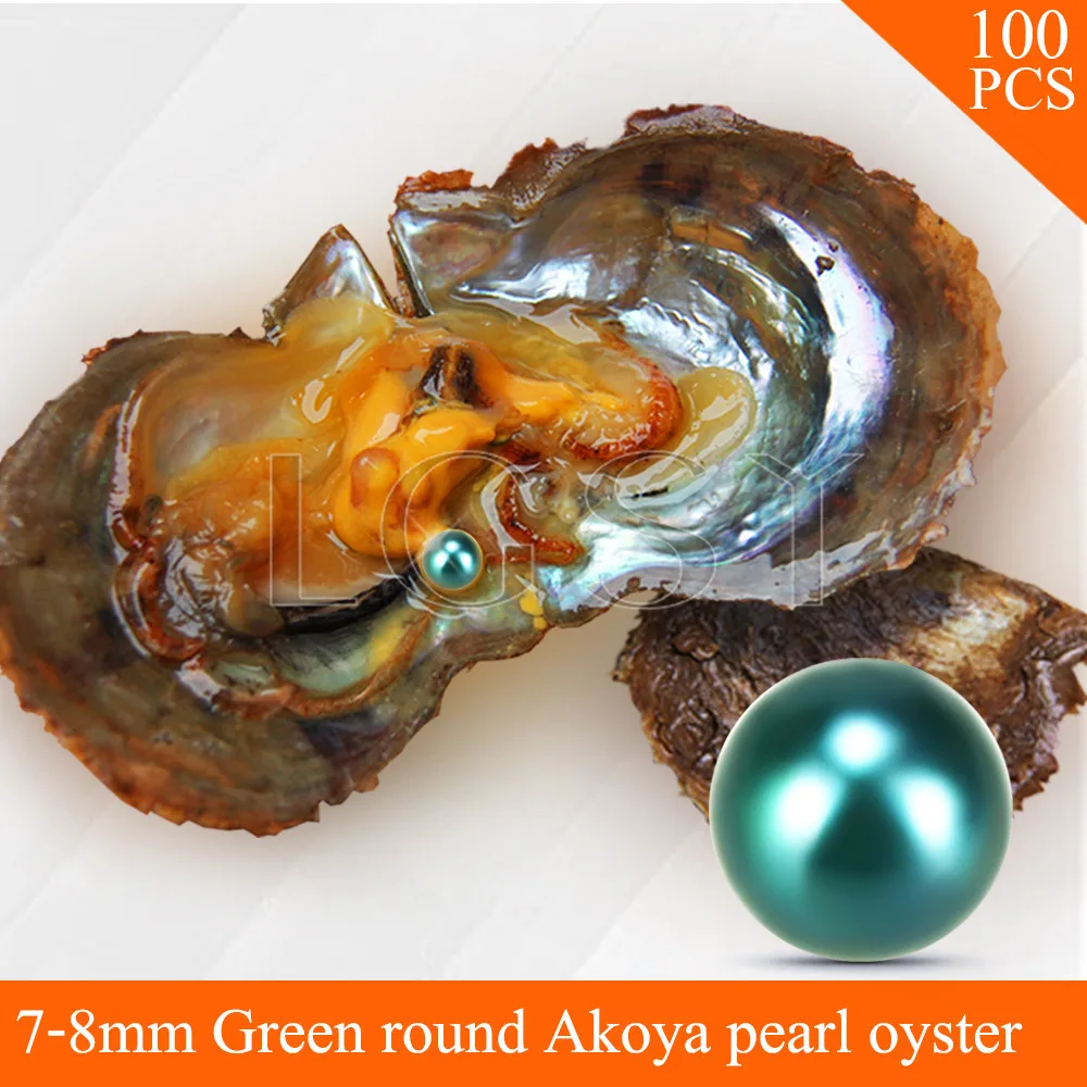 

LGSY Bead Green 7-8mm round Akoya pearl in oysters with vacuum package for women jewelry making 100pcs
