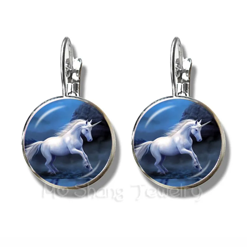 

Unicorn Horse Earrings 16mm Glass Dome Cabochon Charm Silver Plated Stud Earrings For Women Girl Best Gift