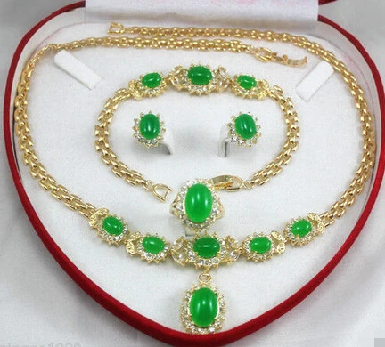 

00784 jewelry green jade yellow gold Earring Bracelet Necklace Ring +(box) jewelry set