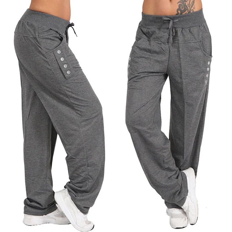 

Oversized Women Pants Casual Fashion Autumn Sports Pants Button Drawsting Pockets Full Plus Sized Trouser Female New Grey Pants