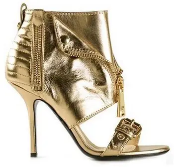 

Abesire New Hot 2019 Ladies Sexy Metal Decoration Thin High Heels Gladiator Sandals Women Peep Toe Back Zipper Ankle Boots