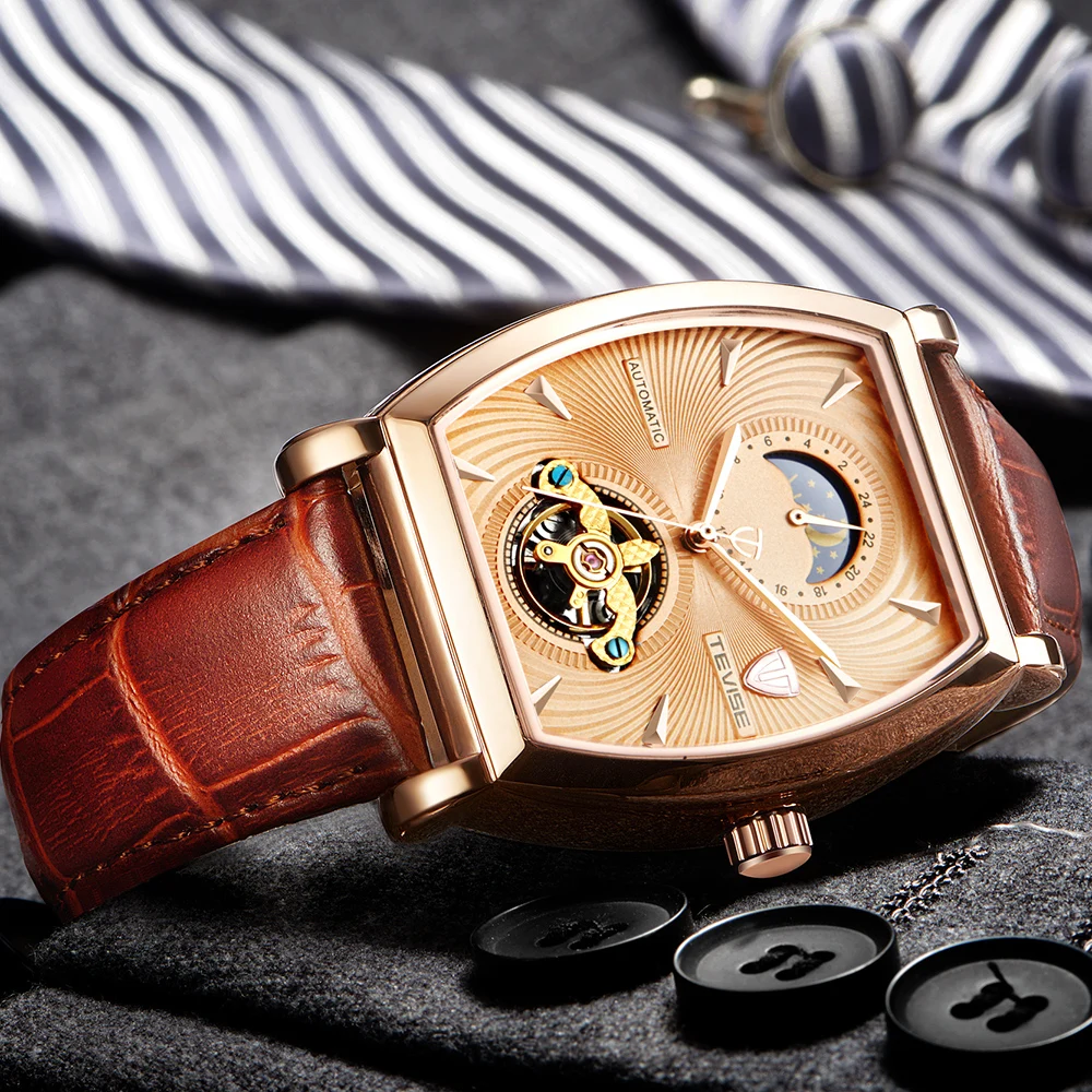 TEVISE Mens Watches Tonneau Moon Phase Automatic Watch Waterproof Self-Wind Mechanical Wristwatches Leather Strap + Box 8383D (10)