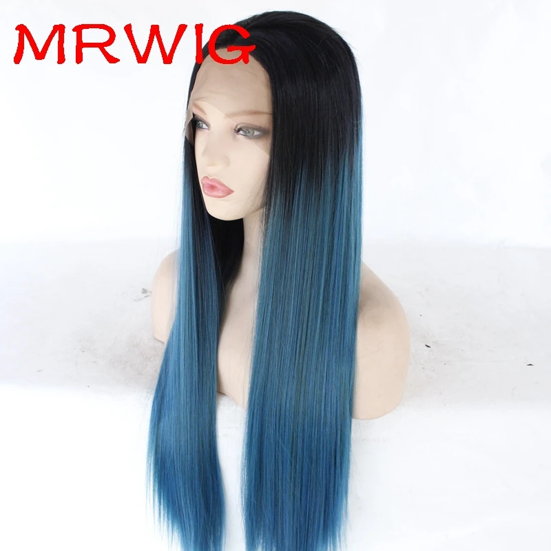 MRWIG 26in 150%Denstiy 8in Black Hair Color 1b# Black Ombre Mixed-Blue Color Free Part Synthetic Glueless Lace Wig