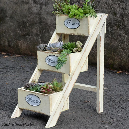 3 tier ladder style foldable shabby off-white wood flower stand designs (4)