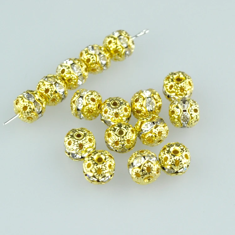 100pcs Gold Color Metal Beads 10mm White Crystal Rhinestone Beads For