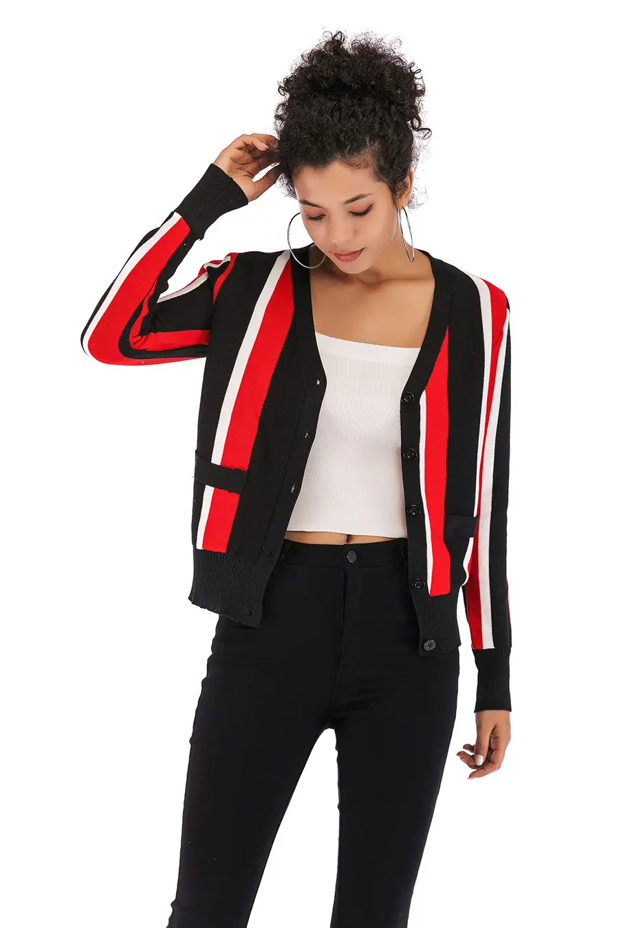 Gladiolus 2018 Autumn Winter Knitted Sweater Women Long Sleeve V-Neck Singer Breasted Pocket Striped Cardigan Women Sweater Tops (13)