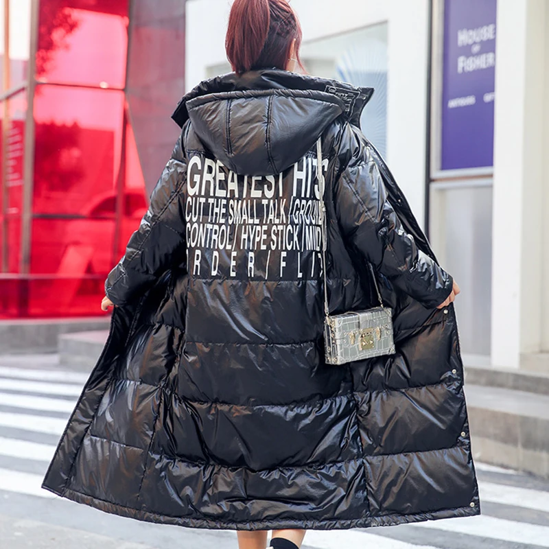 Winter long down jacket female thick warm coat women large size outwear fashion bright face loose hooded jacket woman down coats