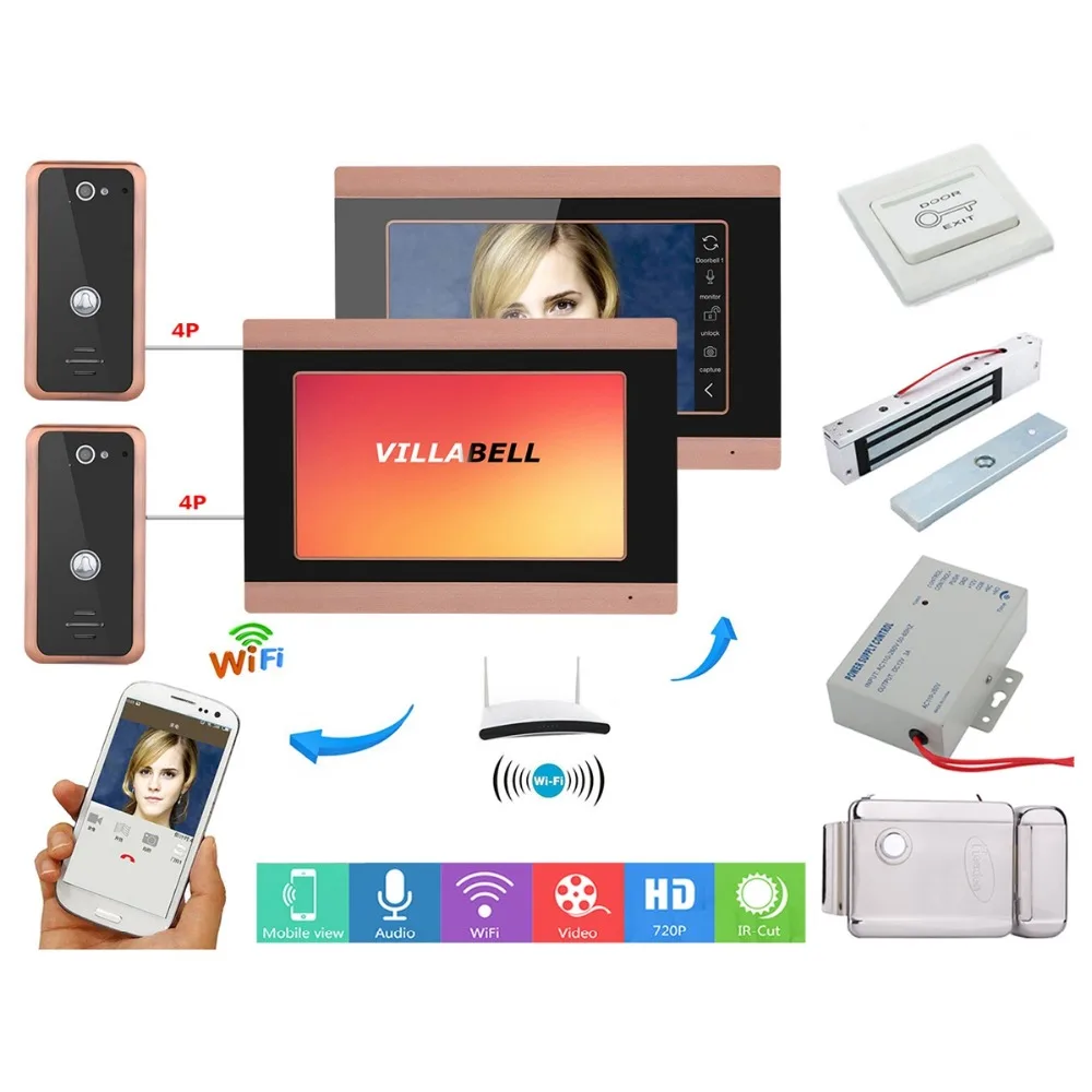 

Home set 7inch 2 Monitors Wired Wifi Video Door Phone Doorbell Intercom Entry System with 2X Wired Camera+Electric Lock