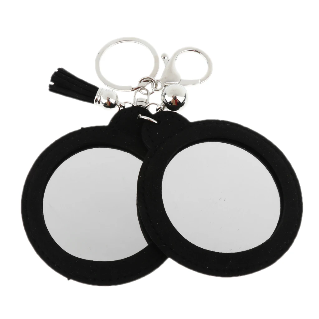 Woman Charm Key Chain Shape Round Crystal Keychain Tassel Mirror Grey