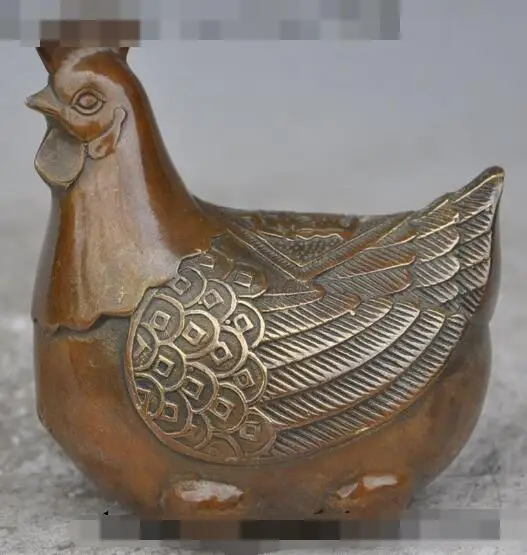 

S00686 3"chinese fengshui bronze zodiac Cock Rooster Chicken wealth money coin statue (A0321)