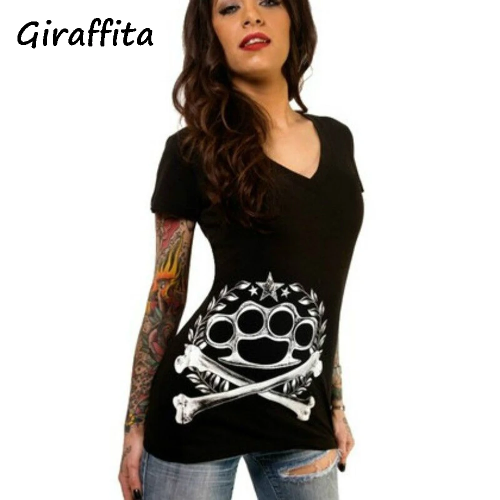 

Giraffita Summer T-Shirt Skull Print Causal Women Short Sleeve V-Neck Punk Style Tee Tops Fashion T Shirt Plus Size Women S-XL