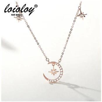 

Real 925 sterling silver Jewelry Crescent Moon Star Necklaces & Pendants Chain Necklace Collar Women Statement Jewelry Bijoux