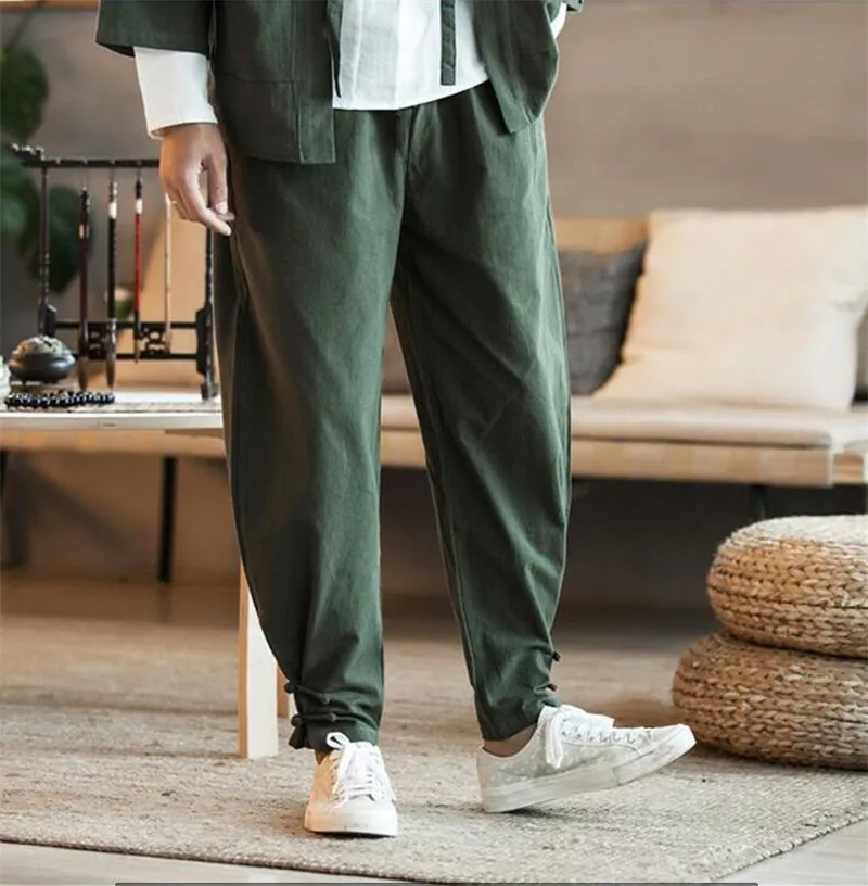 Повседневные свободные однотонные мужские шаровары китайские традиционные брюки Харадзюку мужские хлопковые и льняные узкие брюки плюс размер M-6XL - Цвет: Армейский зеленый